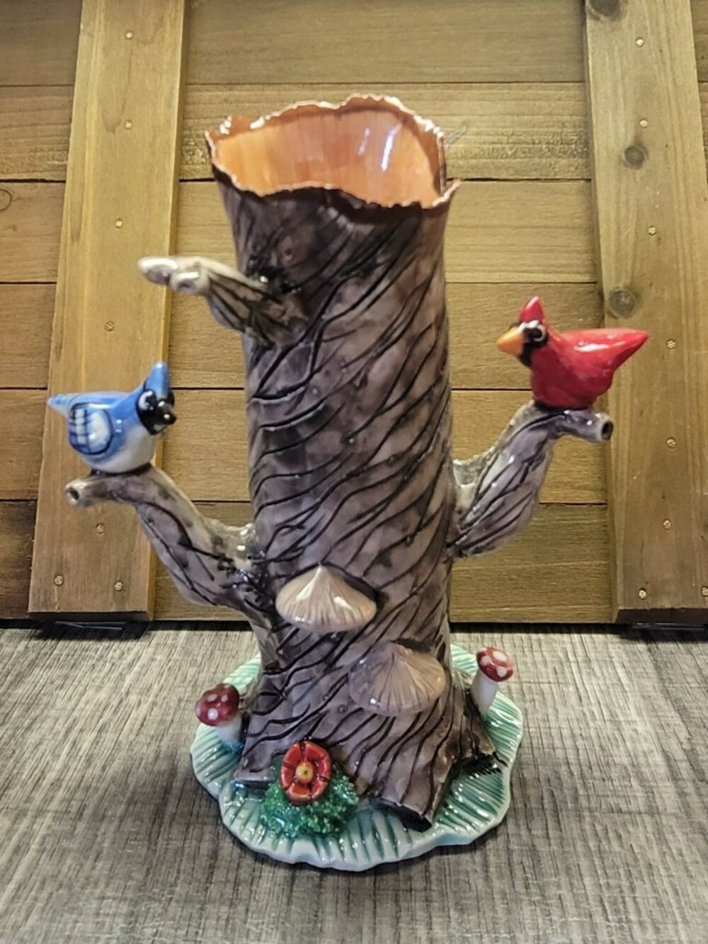 Beautiful Feathered Friends Ceramic Tree Vase. Rare One of a kind